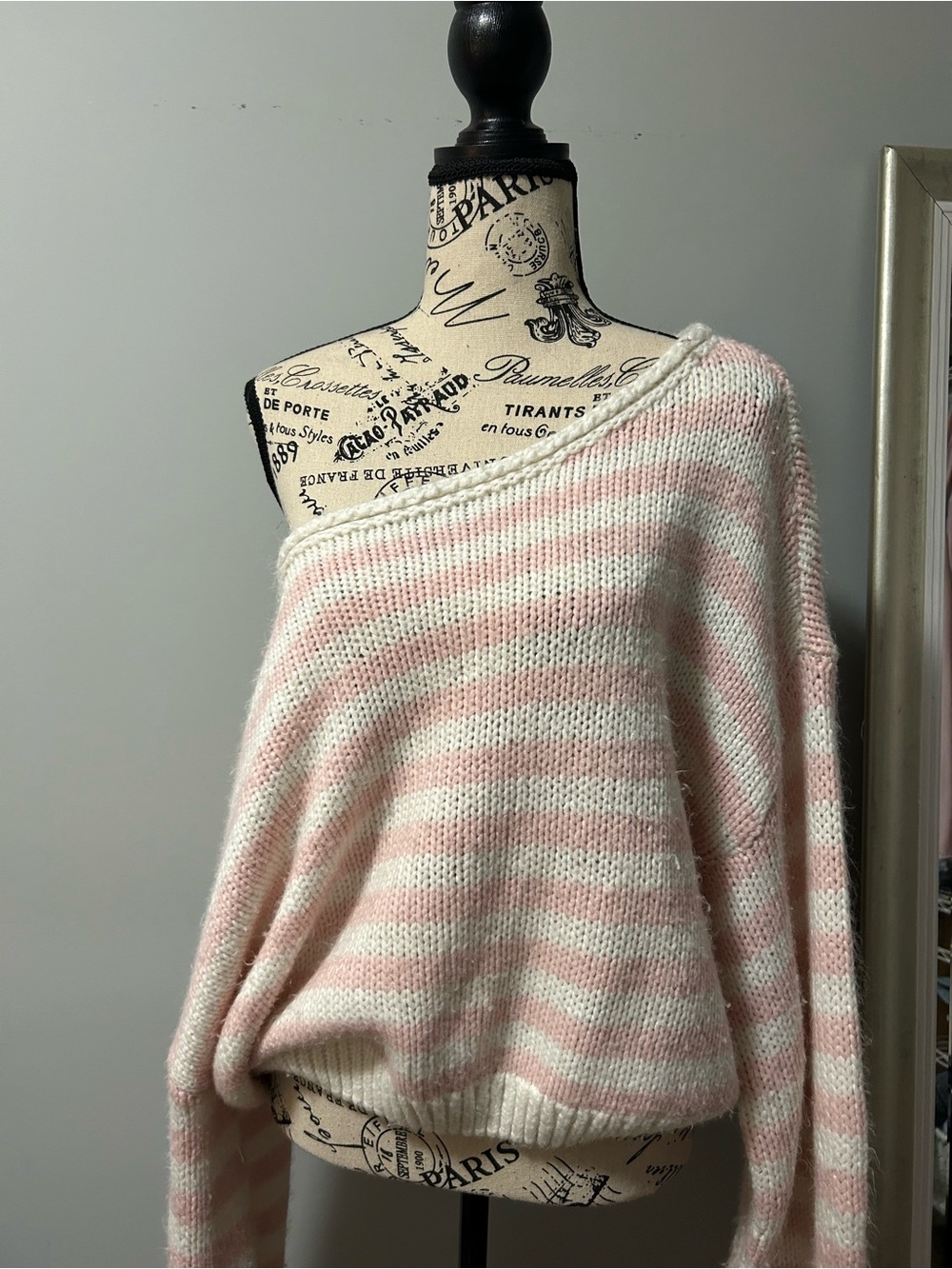 Hollister Soft Pink & Cream Striped Off-Shoulder Sweater